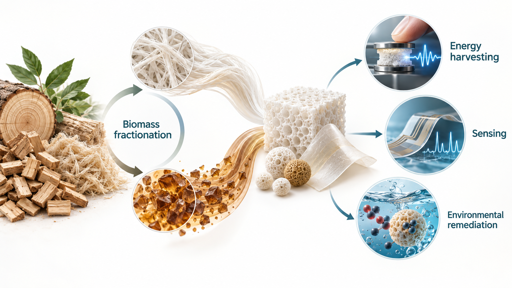 Research overview showing biomass fractionation into cellulose- and lignin-based functional materials for energy harvesting, sensing, and environmental remediation